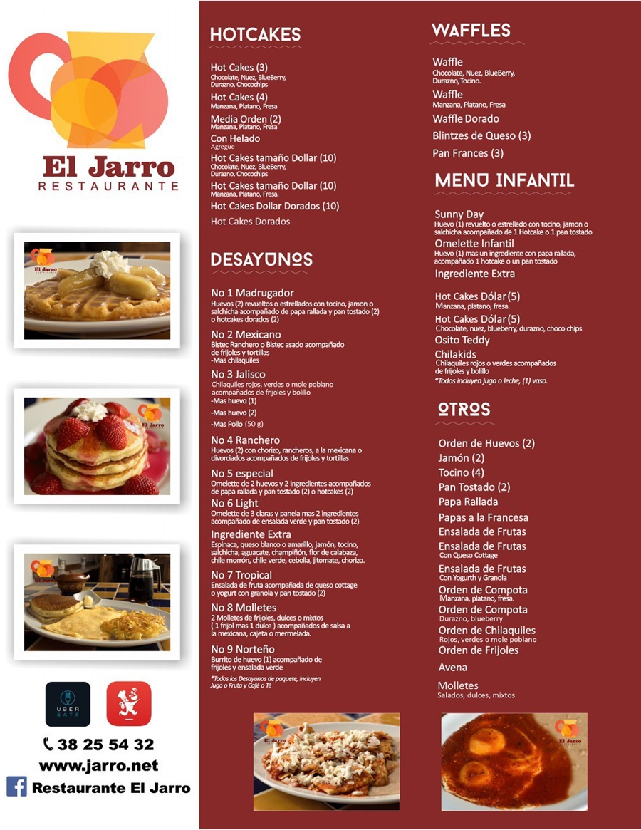 Menú El Jarro - Hotcakes, Desayunos, Waffles