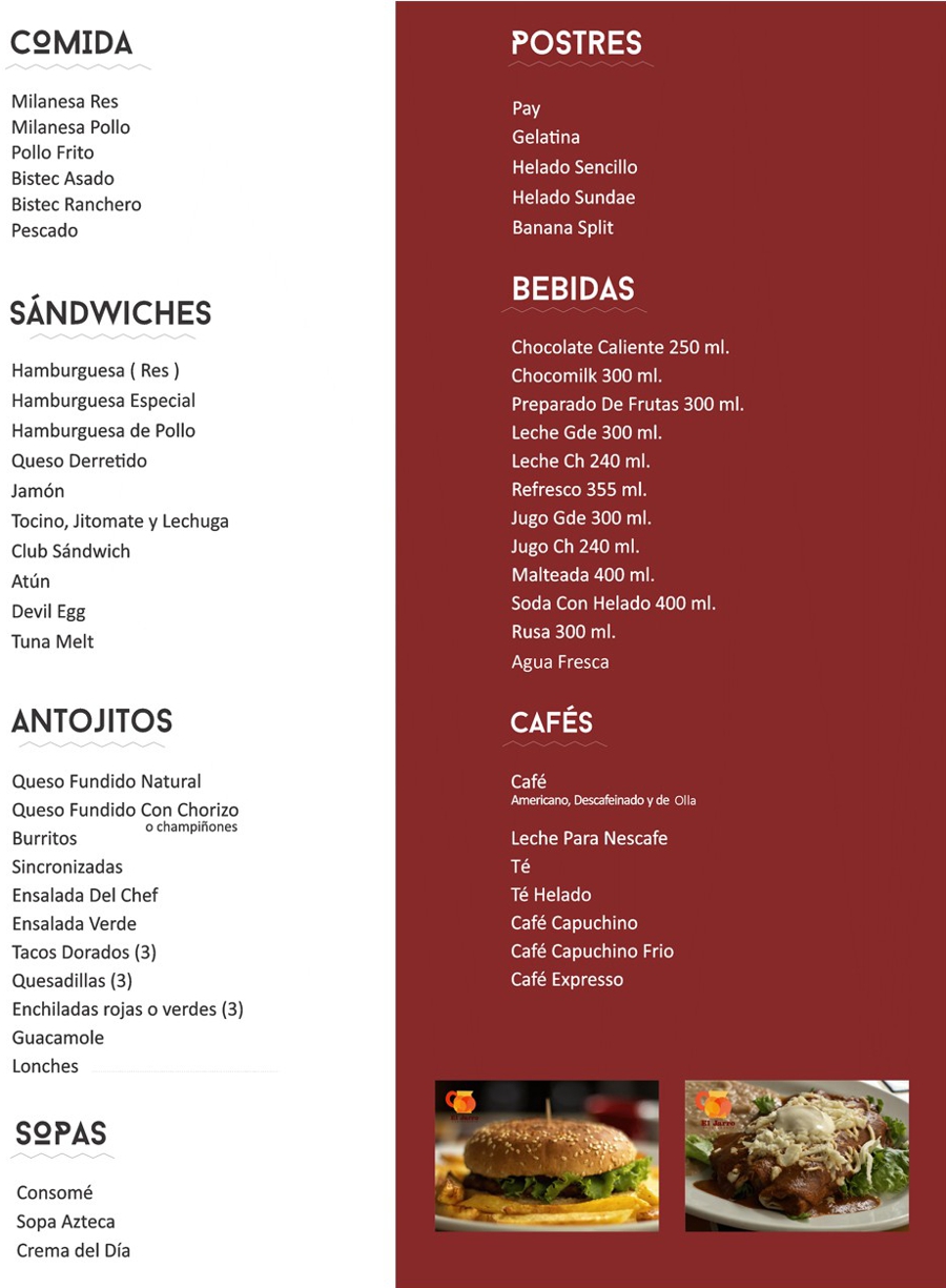 Menú El Jarro - Postres, Bebidas, Cafés